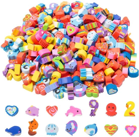 Mini gomme 300 pezzi - Gomme divertenti - Materiale scolastico - Gomme per feste - Materiale TPR - Dimensioni 10 x 10 x 5 mm