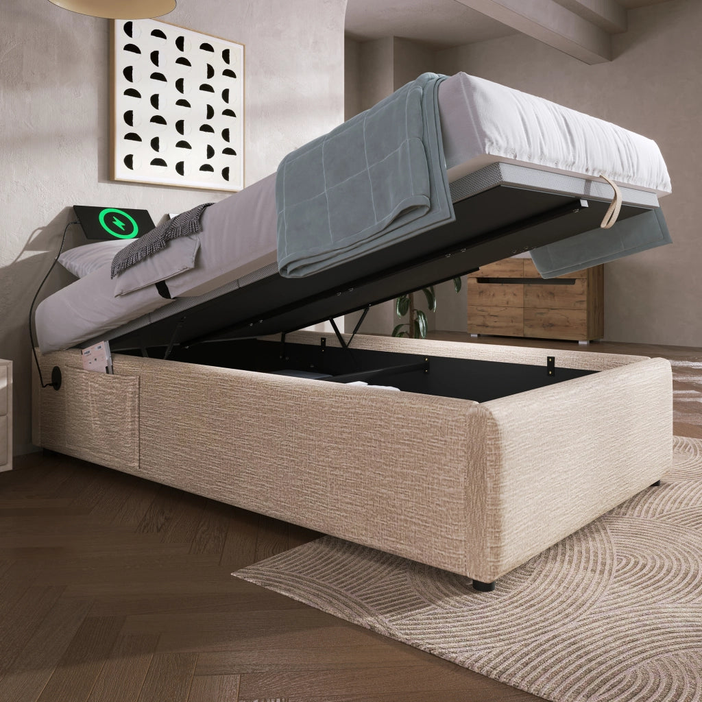OKWISH Letto contenitore 90×190 cm, Letto Singolo con USB, Type C e contenitore con pistoni, senza Materasso, in Lino, Naturale
