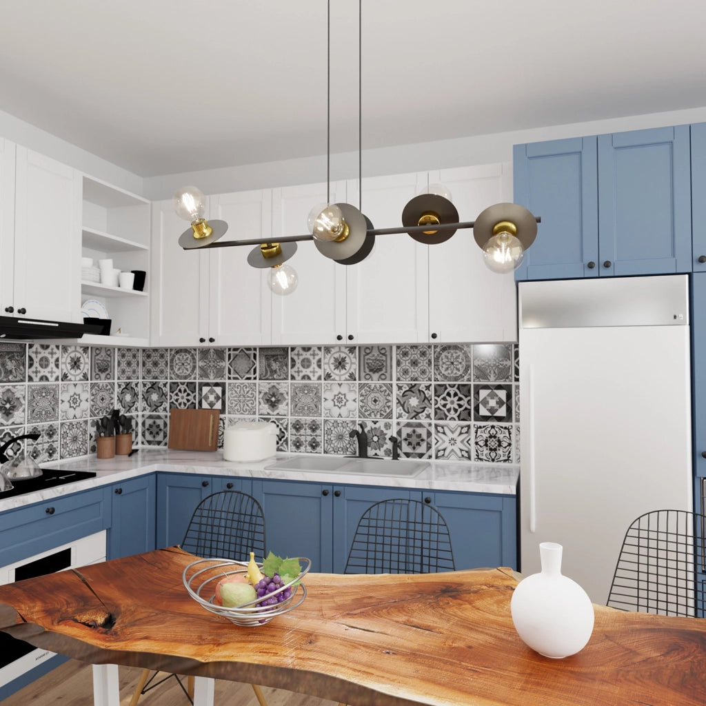 Lampadario 6 Luci Djehuty Acciaio Nero E Oro Con Barra E Diffusori A Piatti