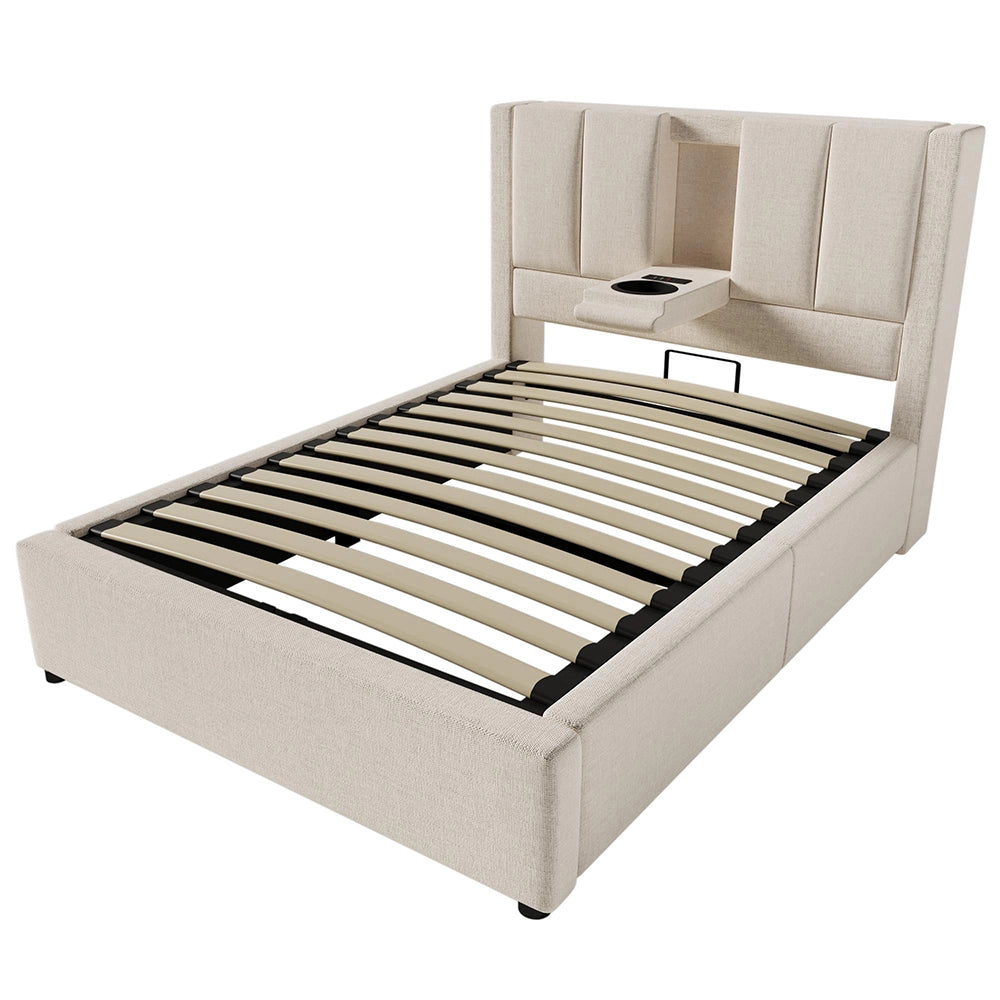 Letto imbottito-Xylo-90x200cm singolo porta-bicchiere USB idraulico lino beige con materasso