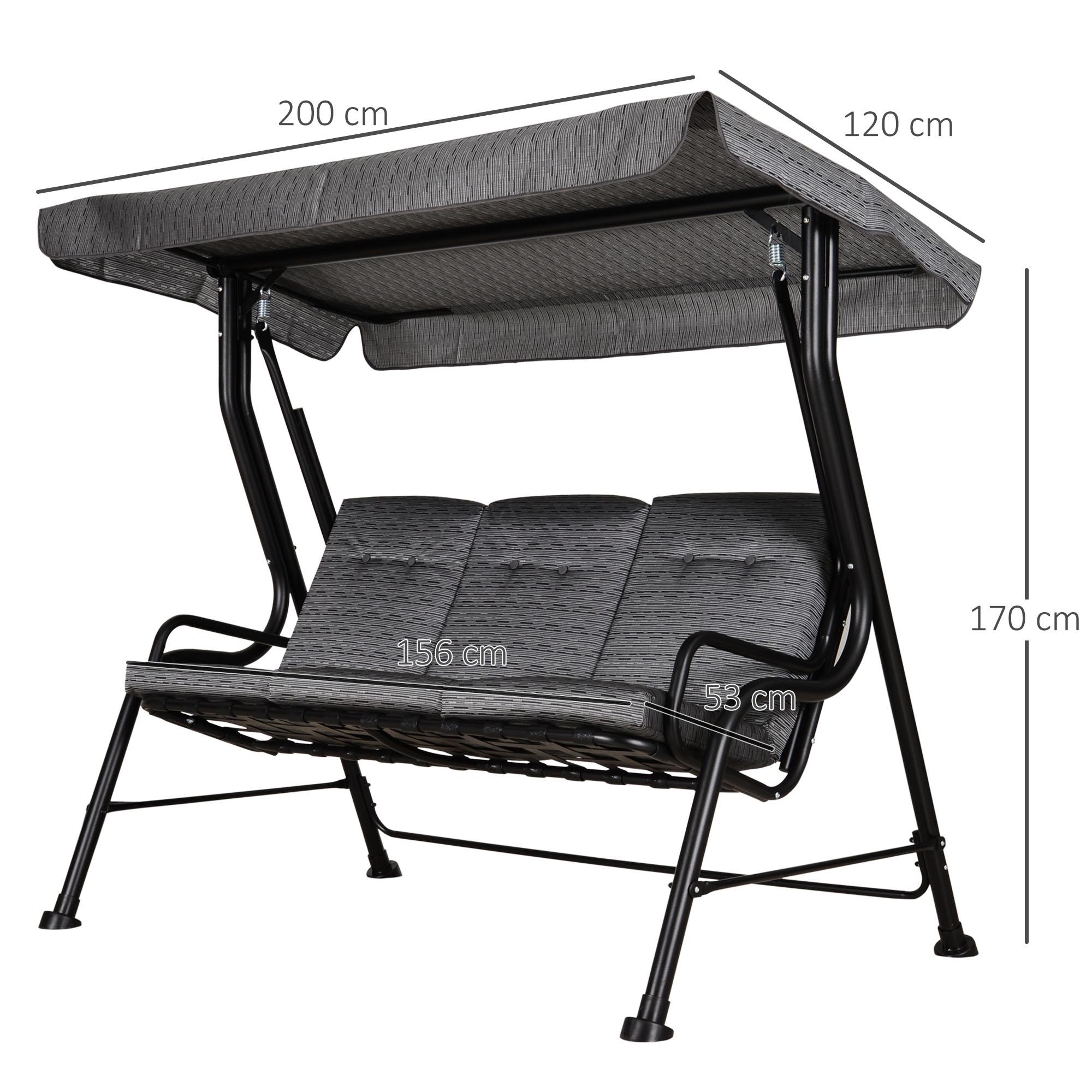 Dondolo 3 Posti 200x120x170 cm in Acciaio e Tessuto Nero