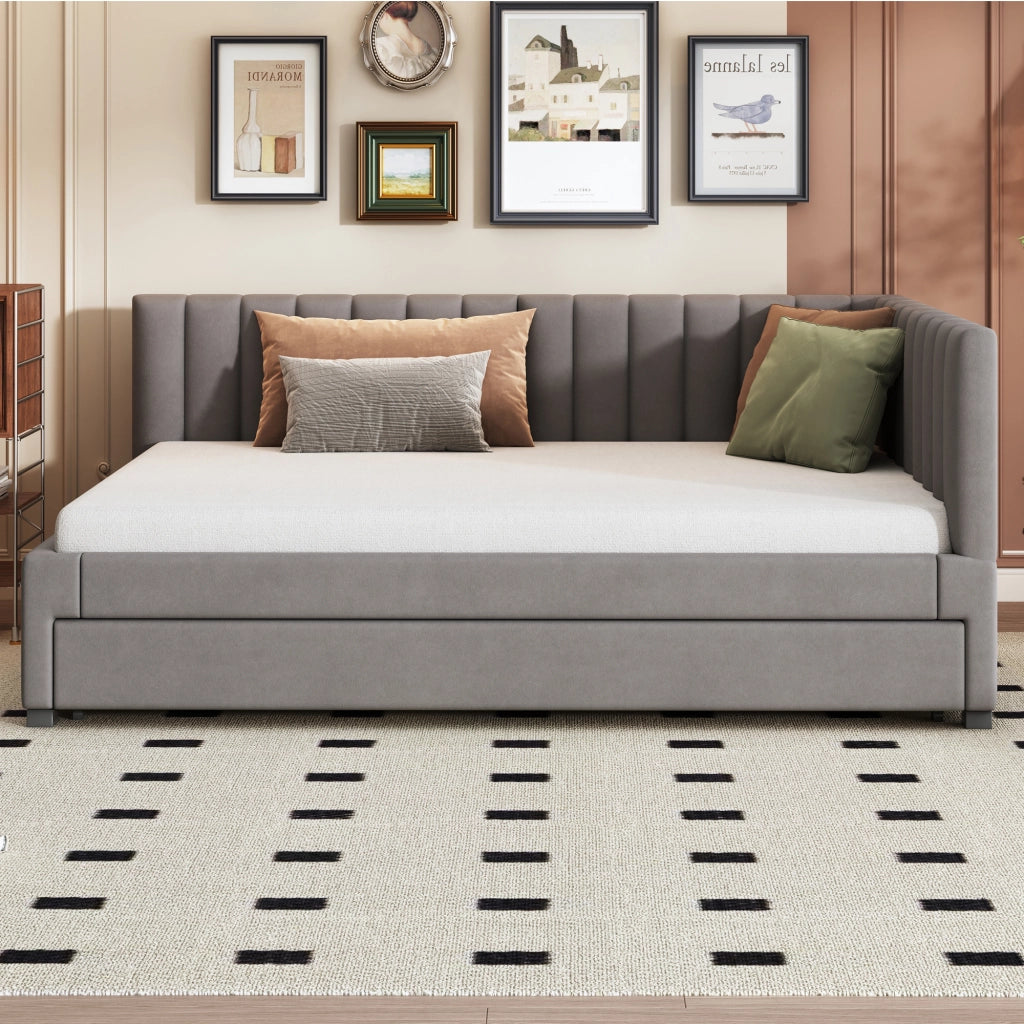 OKWISH Letto a Divano 140×200 cm, Letto Singolo con Letto Estraibile, Testiera Imbottita e Doghe, senza Materasso, Velluto Grigio
