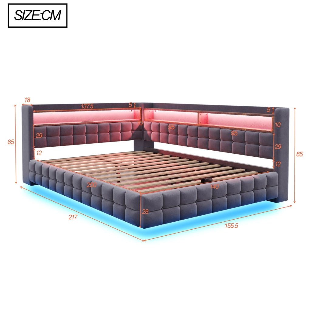 Letto imbottito divano letto 140x200 cm con contenitore idraulico; LED; USB e Type-C; grigio