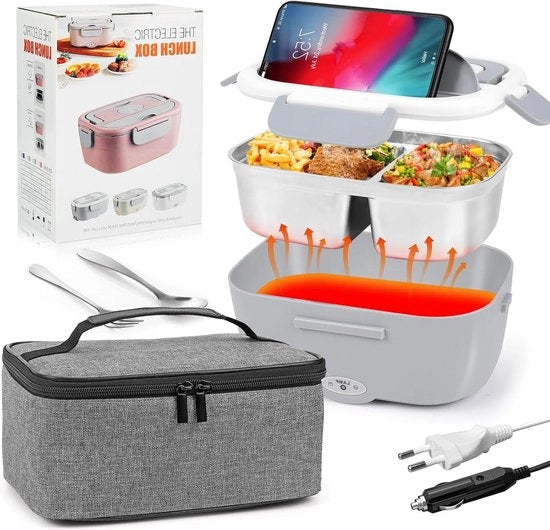 Lunchbox elettrica 15 l con cucchiaio e sacchetto termico - Ciotola riscaldata - 12 V/24 V/220 V - Auto camion scuola ufficio - Cassetta termica in acciaio inossidabile - Pasti caldi