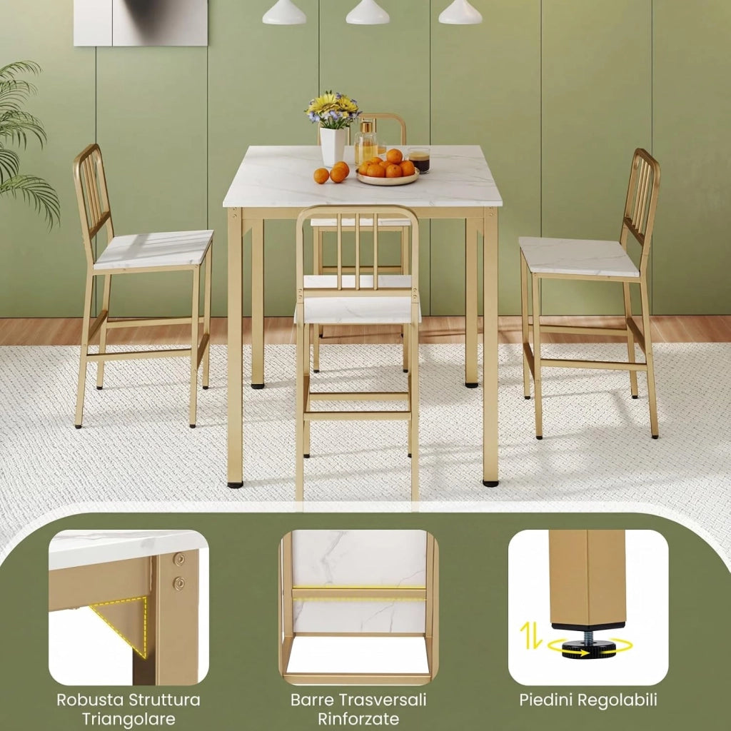 Set da Pranzo per 4 Persone, Set Cucina Bar 5 Pezzi con Superficie in Finto Marmo, Tavolo Quadrato in Legno e 4 Sgabelli Alti per Angolo Colazione e Sala da Pranzo (Bianco)