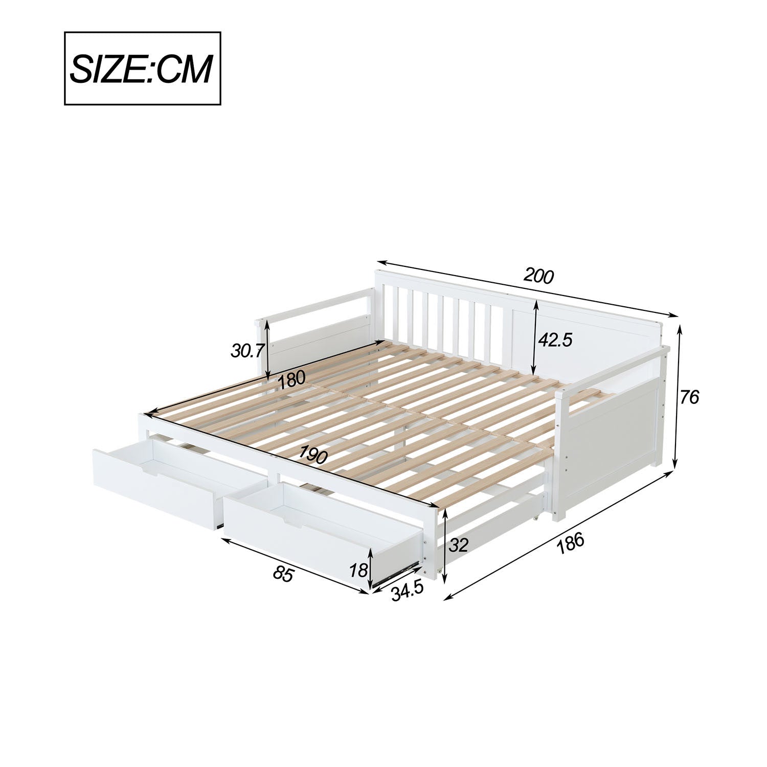 Letto giorno due in uno - Xylo - 90x200cm o 180x200cm - Bianco - Pino con cassetti e letto nido