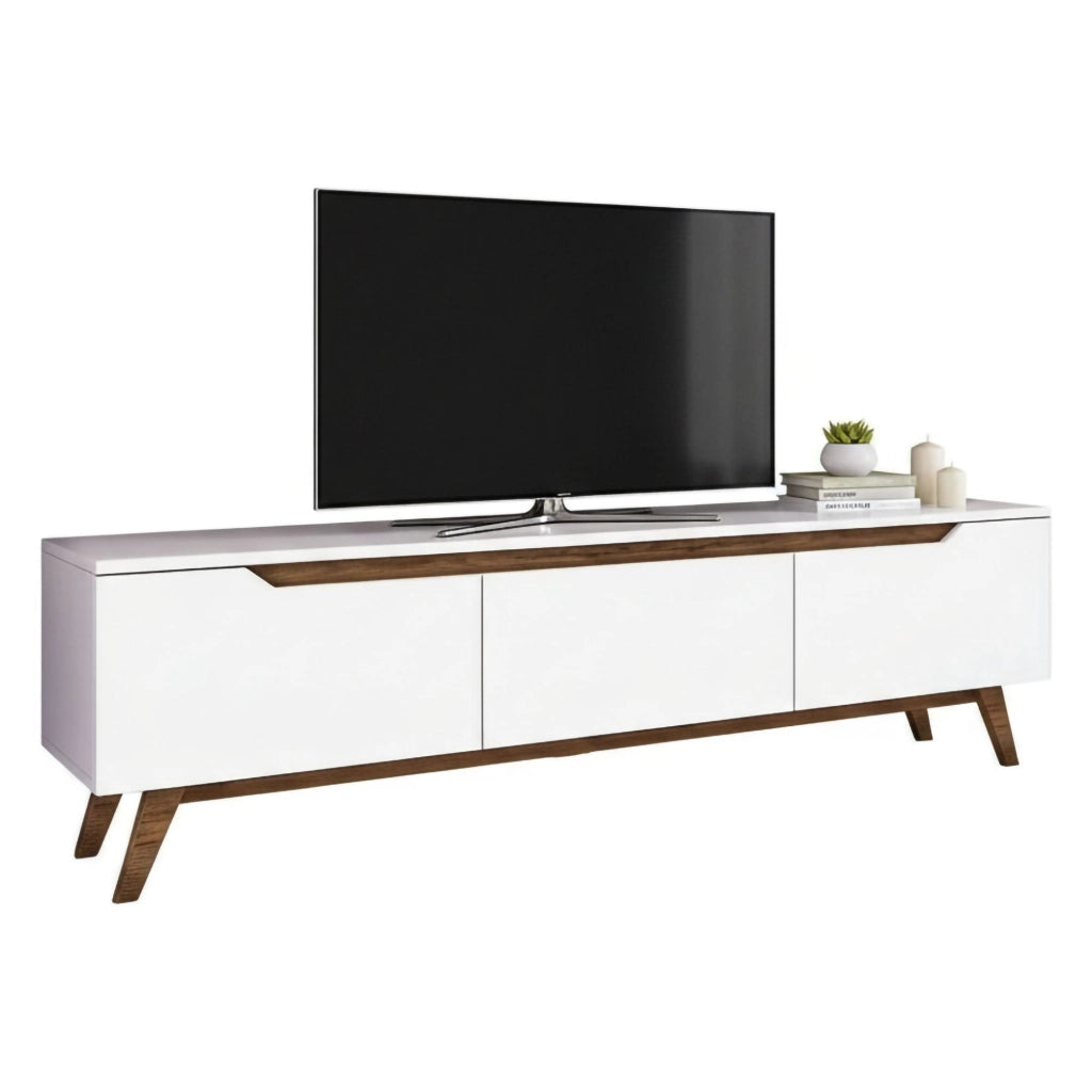 Mobile porta TV Apatite, Credenza da soggiorno, Armadio basso per TV, Base parete attrezzata, 180x35h49 cm, Bianco e Noce