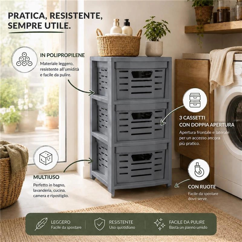 CASSETTIERA  MULTIUSO IN POLIPROLPILENE CON 3 CASSETTI , DOPPIA APERTURA E RUOTE - 365X28,5X51,5  CM COLORE GRIGIO