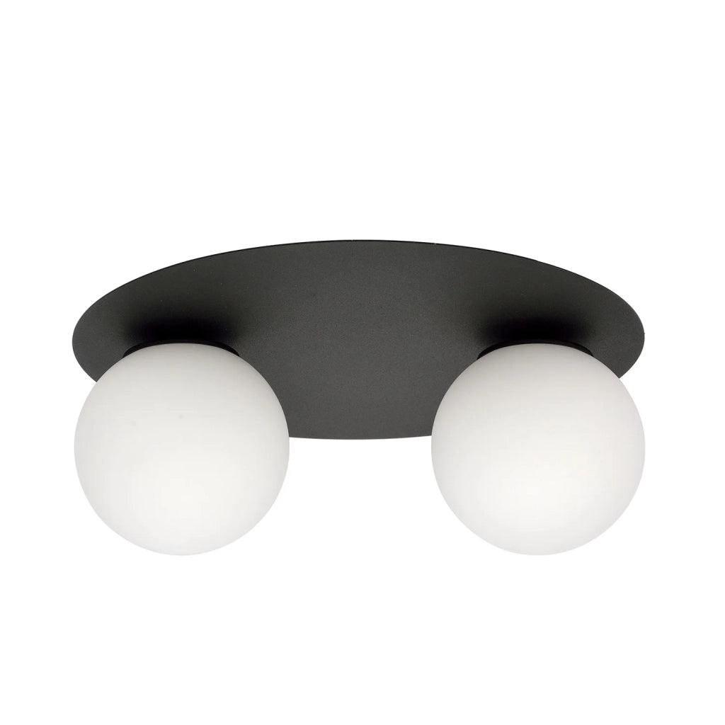 Plafoniera Minimal 2 Luci Mnemosine In Acciaio Nero E Sfere Di Vetro Opale