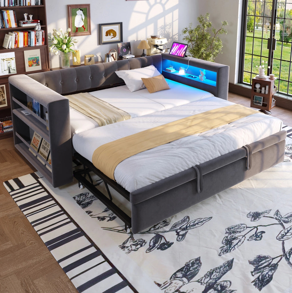 Divano letto multifunzionale 90/180x190 cm con LED, presa integrata e contenitori