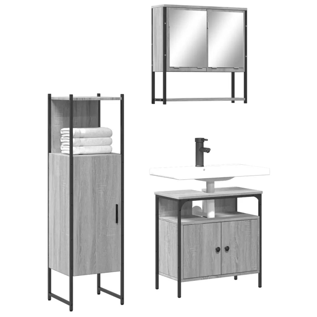 Set Mobili da Bagno | Armadio da bagno 3 pz Grigio Sonoma in Legno Multistrato