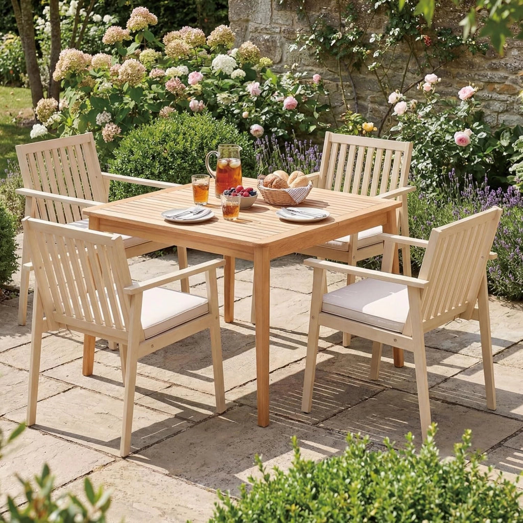 Set di 2 sedie da giardino in legno di acacia con cuscino imbottito, braccioli e piedini regolabili, sedia da cucina fino a 180 kg, per patio e terrazza, 64 x 59 x 86 cm (beige)