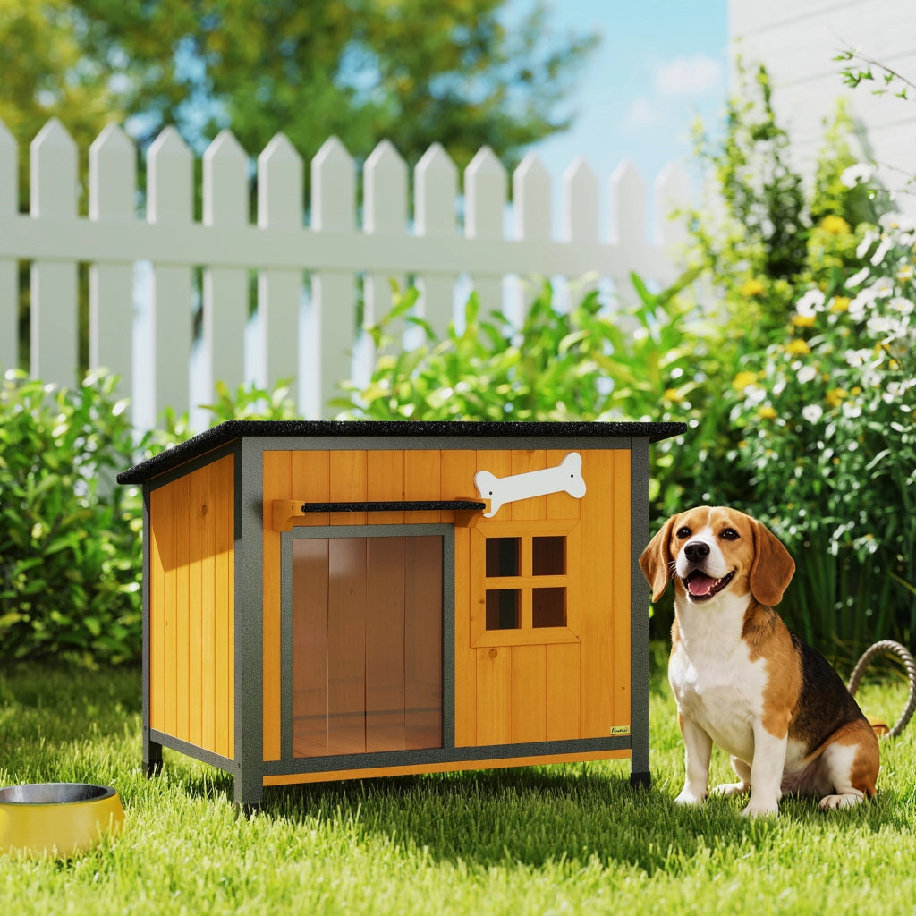 Cuccia per Cani da Esterno in Legno e Acciaio Anti-Morso, Tetto Apribile e Tenda per Porta, Giallo