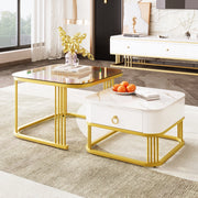 Set 2 tavolini da salotto a incastro con cassetti bianco e oro