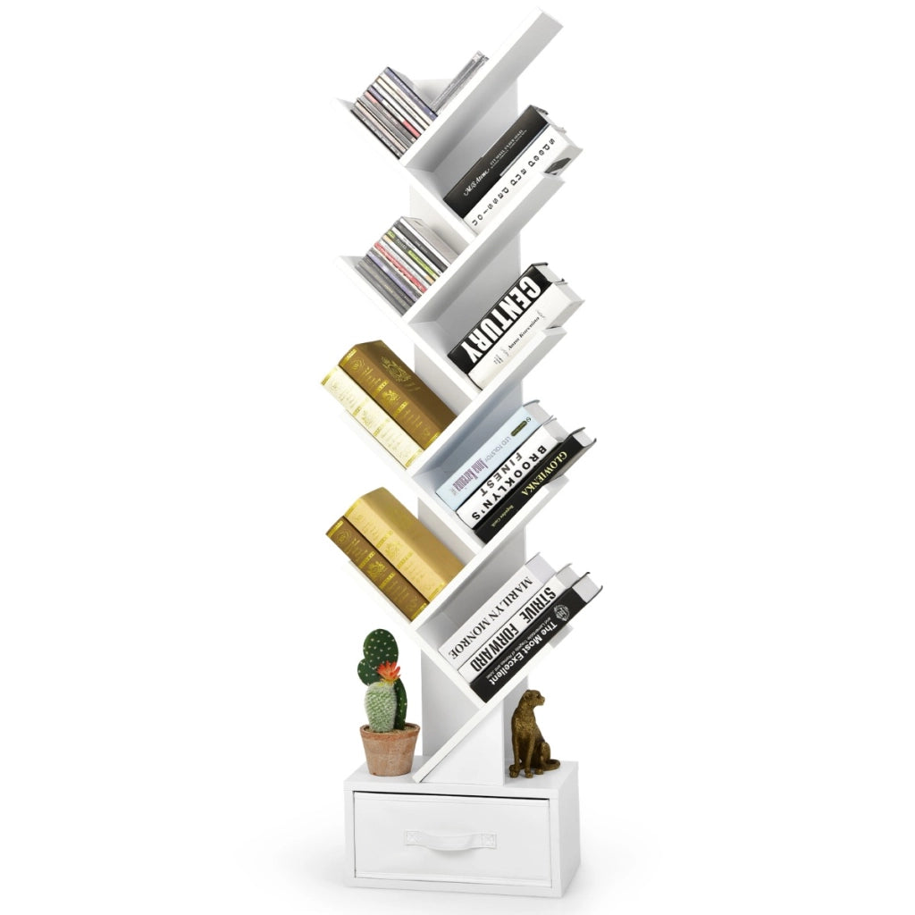 Scaffale ad albero a 10 ripiani con cassetto-Scaffale da terra per camera da letto soggiorno e ufficio Bianco