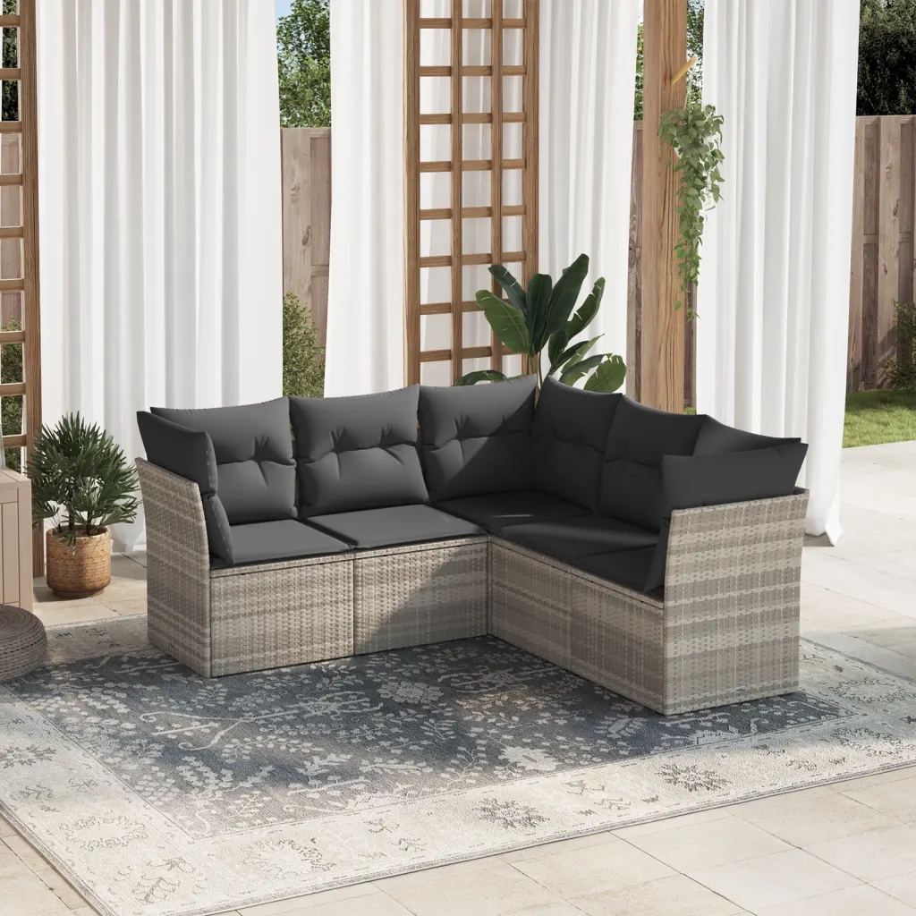 Set Divano da Giardino 5pz | Set Salotto da Giardino con Cuscini Grigio Chiaro Polyrattan