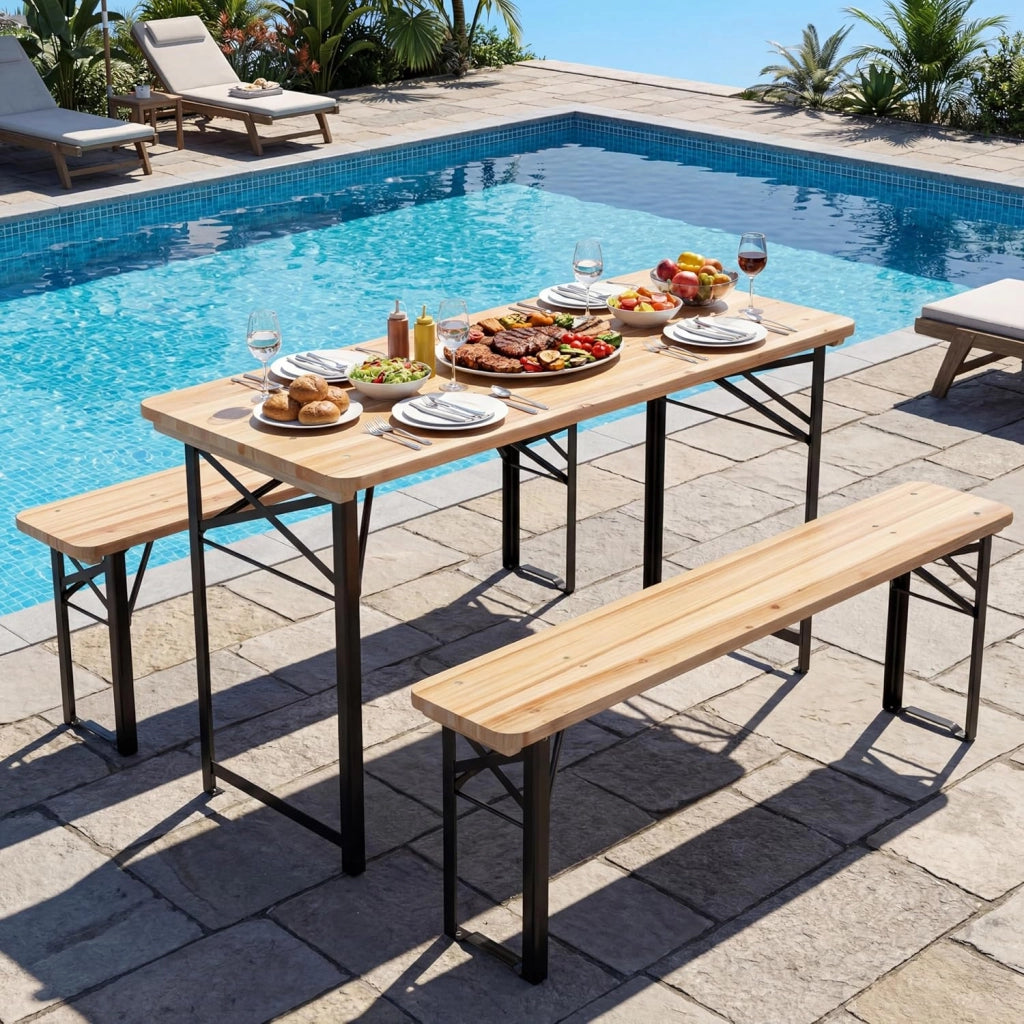 Tavolo e Panche da Birreria Pieghevoli in Legno Massello, Gambe in Metallo Resistenti, Set da Giardino Esterno per 4 Persone per Campeggio, Picnic e Incontri all'Aperto, 118 x 50 x 75 cm
