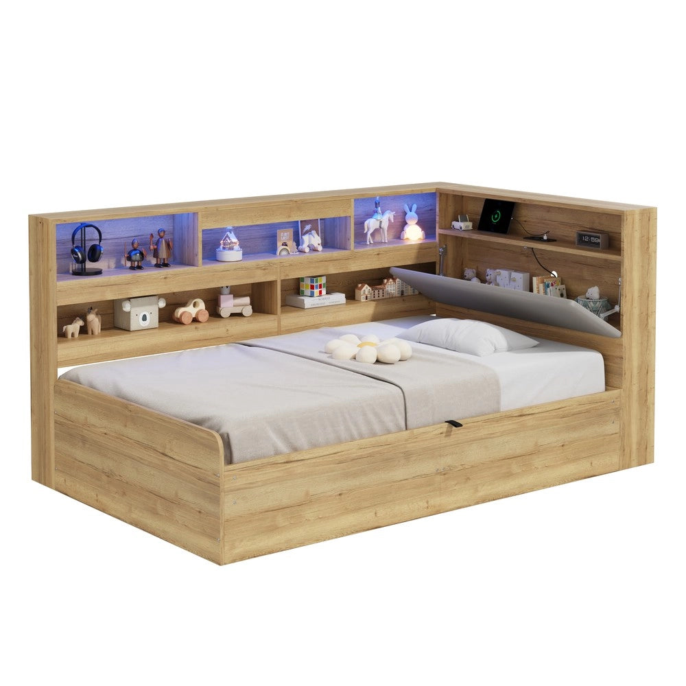 Letto Contenitore con LED e USB ¨C Xylo ¨C Legno Naturale 90x200