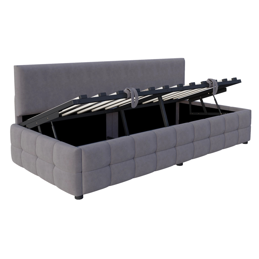 Letto imbottito 90x200 cm con contenitore idraulico, testiera senza braccioli, velluto grigio