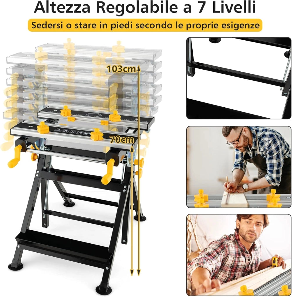 Tavolo da Lavoro Pieghevole, Banco da Lavoro Portatile con Piattaforma Inclinabile e Altezza Regolabile a 7 Livelli, Telaio in Alluminio e Metallo, Capacità di Carico 100 KG (Modello 2)