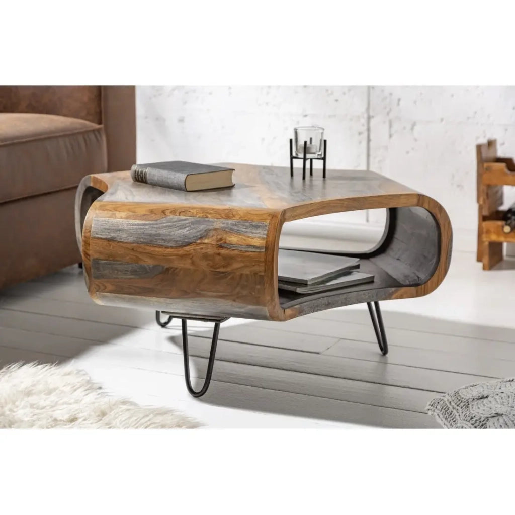 Tavolino basso NERA 80 cm in legno massiccio di Sheesham marrone e grigio con nicchia – design retro industriale