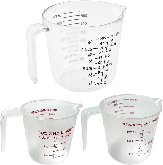Set di 3 misuratori in plastica - Per cucinare e cuocere - Piccolo misuratore - Resistente al microonde - Misuratore facile da leggere per grandi tazze (250 ml 500 ml 600 ml)