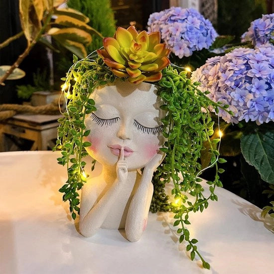 Pianta di fiori, testa, viso, luce a energia solare, con cavo LED, con fori di drenaggio, materiale impermeabile in PVC, occhi chiusi, viso femminile.