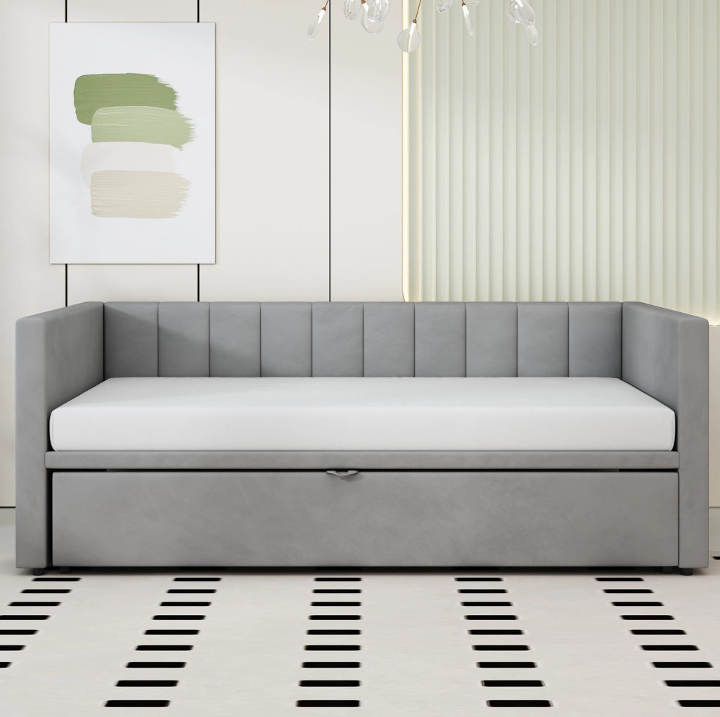 Letto imbottito 90x200 cm estraibile con rete in velluto grigio