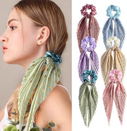 Spille per Capelli Donna - 6 Pezzi - Elastici per Capelli - Fiocchi Colorati con Lint Lungo - Satin con Glitter - Tappo per Capelli con Coda di Cavallo