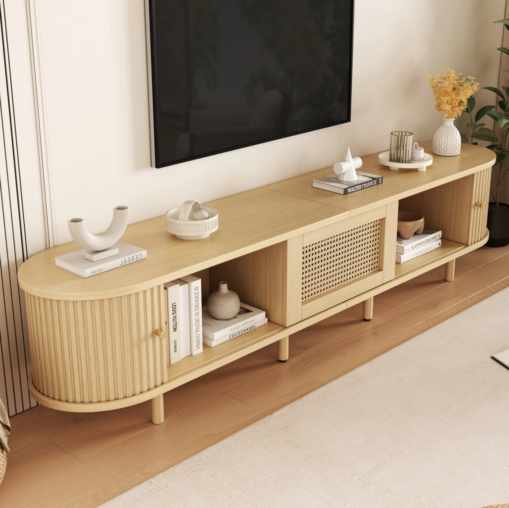 Mobile TV 180x40x40 cm con ante scorrevoli e cassetto in MDF naturale