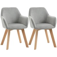 Set 2 Sedie per Sala da Pranzo Imbottite in Velluto con Braccioli e Gambe in Legno, Grigio