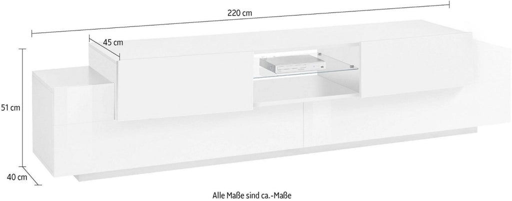Mobile Tv 4 Ante e Ripiano a Giorno 220x45x51,5 cm Coro Bianco Lucido/Bianco