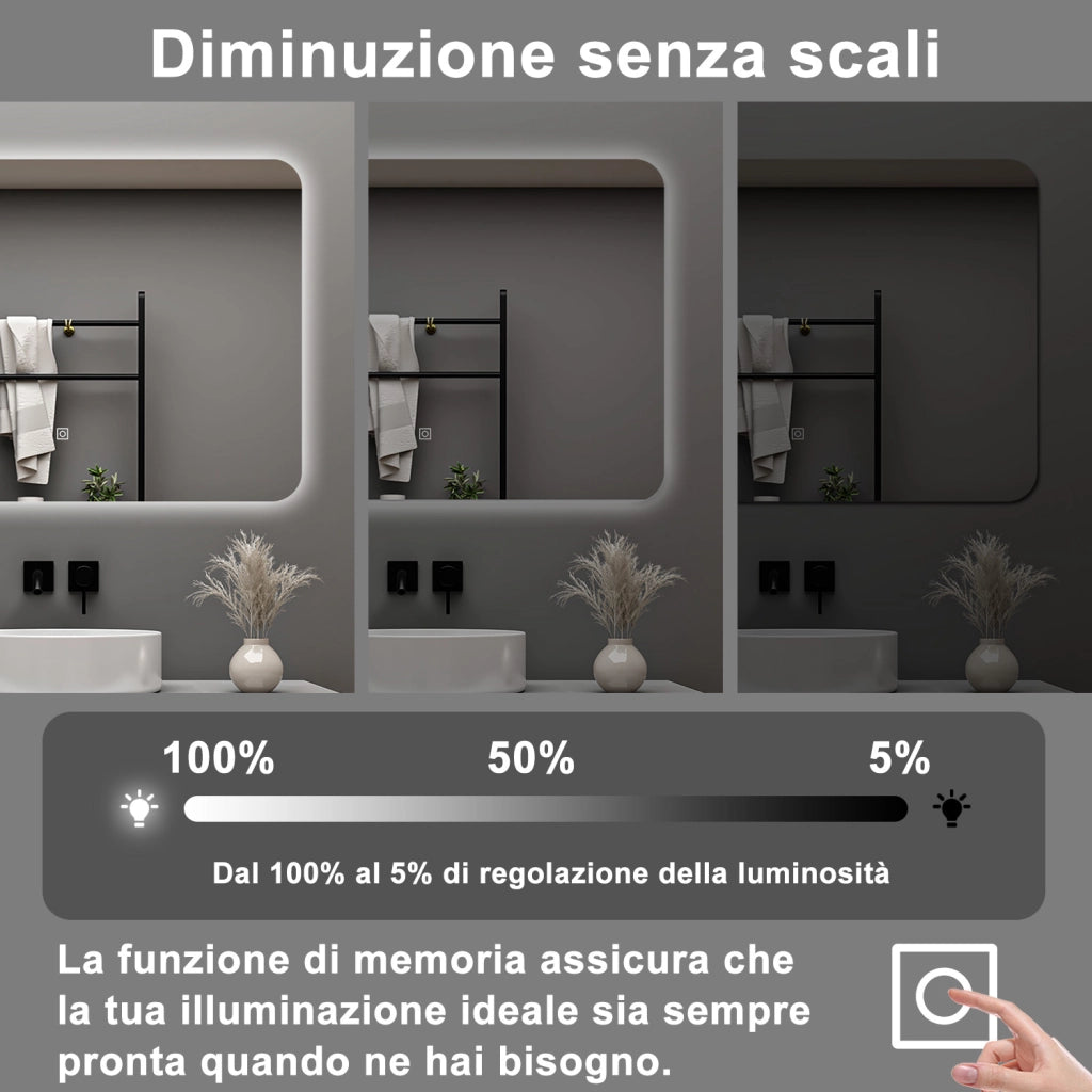 AICA Specchio da bagno 50 x 70 cm, dimmerabile, interruttore touch, Funzione Memoria