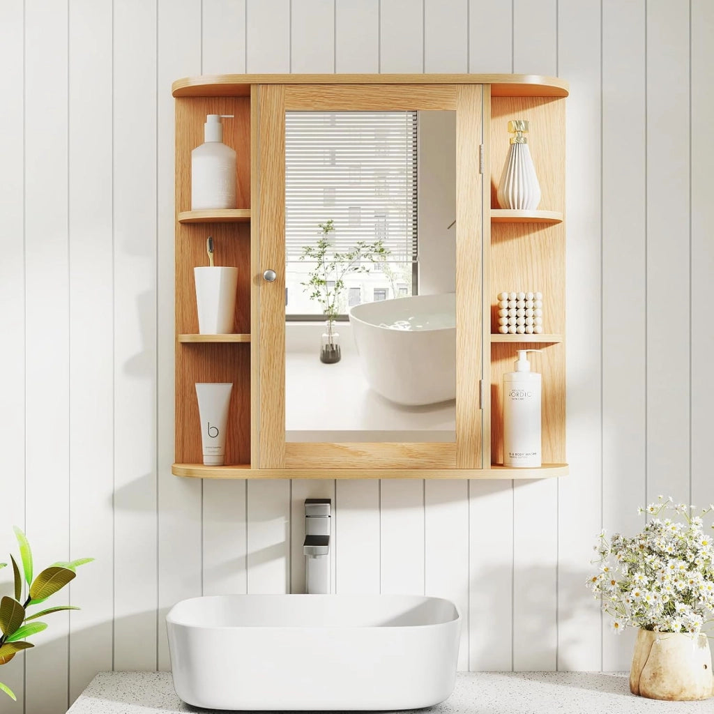 Specchio Bagno Contenitore 66 x 17 x 63 cm, Mobile bagno in Legno Appeso con Mensole Regolabili e Ante, Armadietto Multiuso dei Medicinali per Bagno, Salone e Cucina (Naturale)