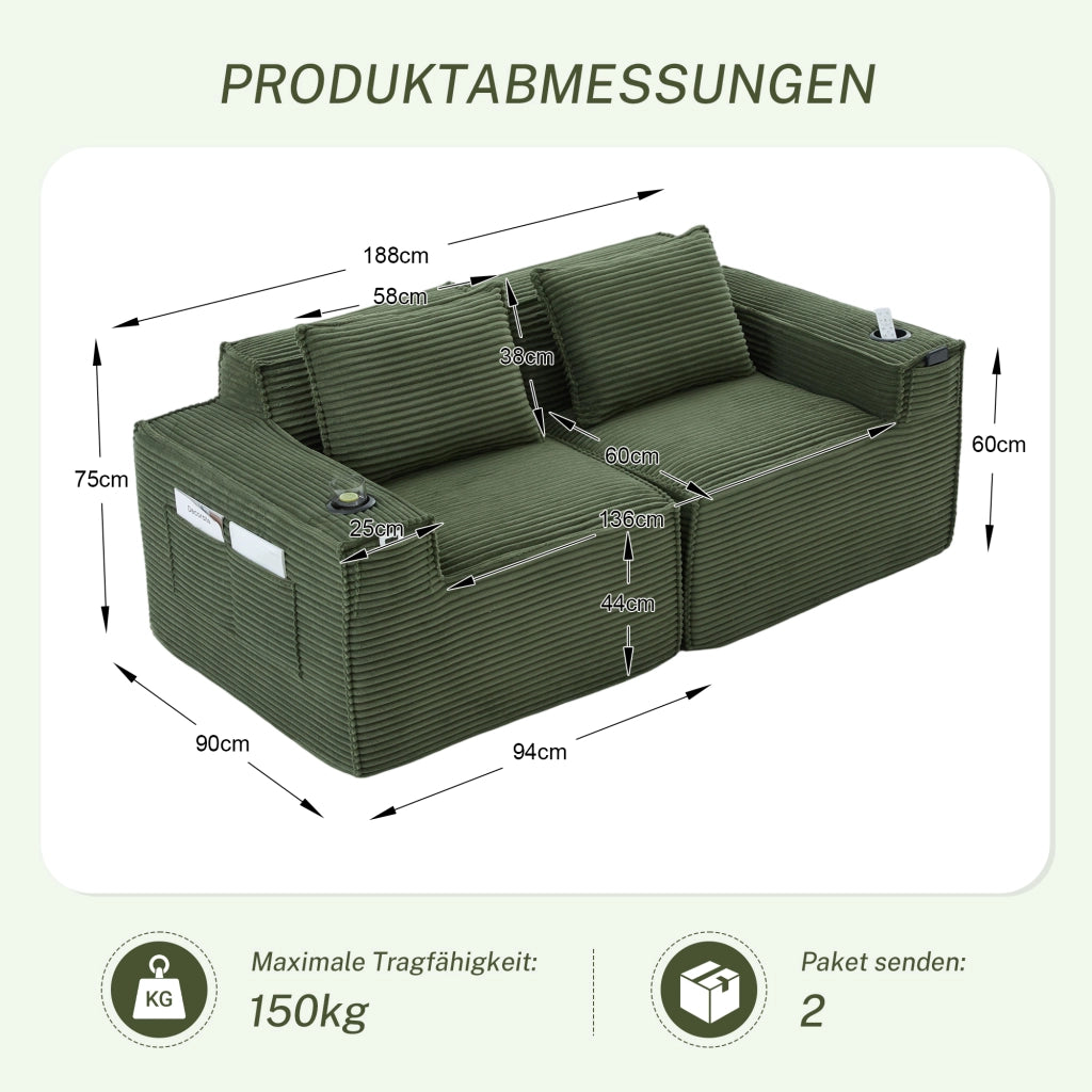Divano modulare a 2 posti in velluto a coste con portabicchieri e tasche laterali verde 188 × 90 × 75 cm