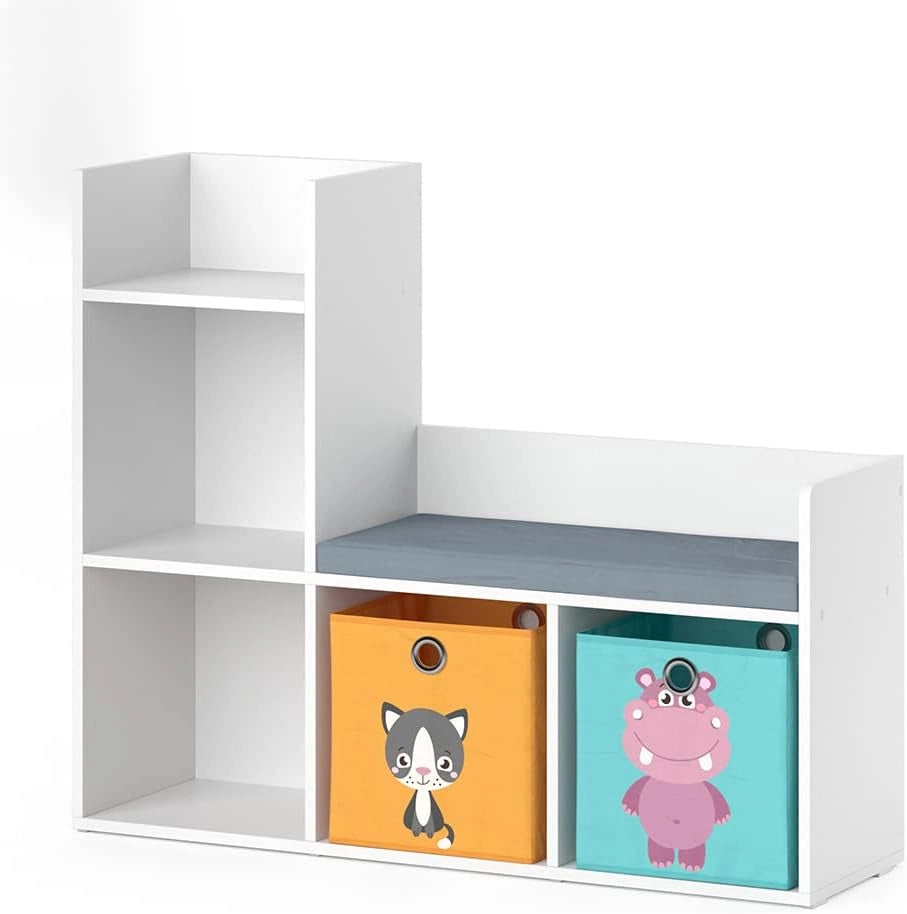 Scaffale per bambini Luigi, Grigio, 107.2 x 88.6 cm, con seduta imbottita e quattro ripiani aperti