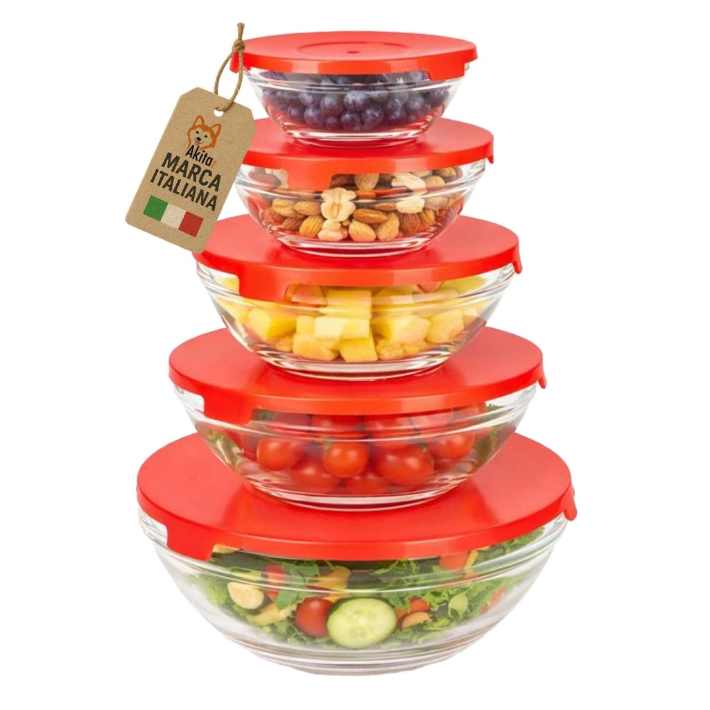 Akitaink Set 5 Contenitori in Vetro con Coperchio Rosso