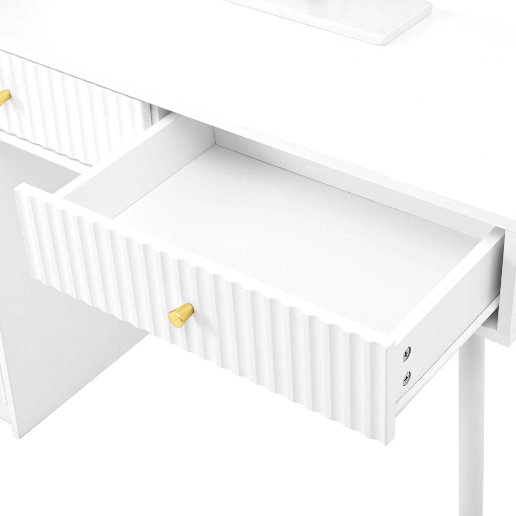 Toeletta bianca con specchio LED, 4 cassetti e vetrina
