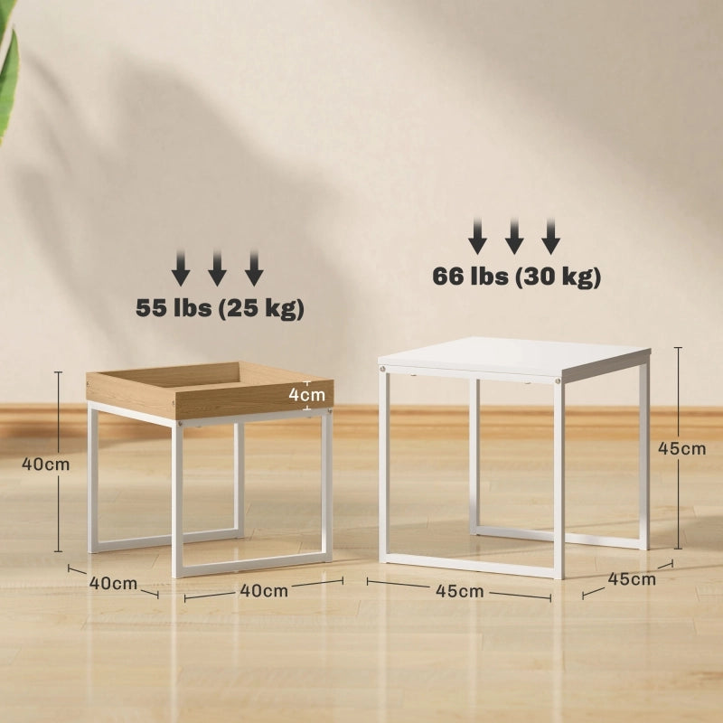 Tavolino da caffè 2 pezzi in MDF e acciaio, bianco, design moderno per soggiorno