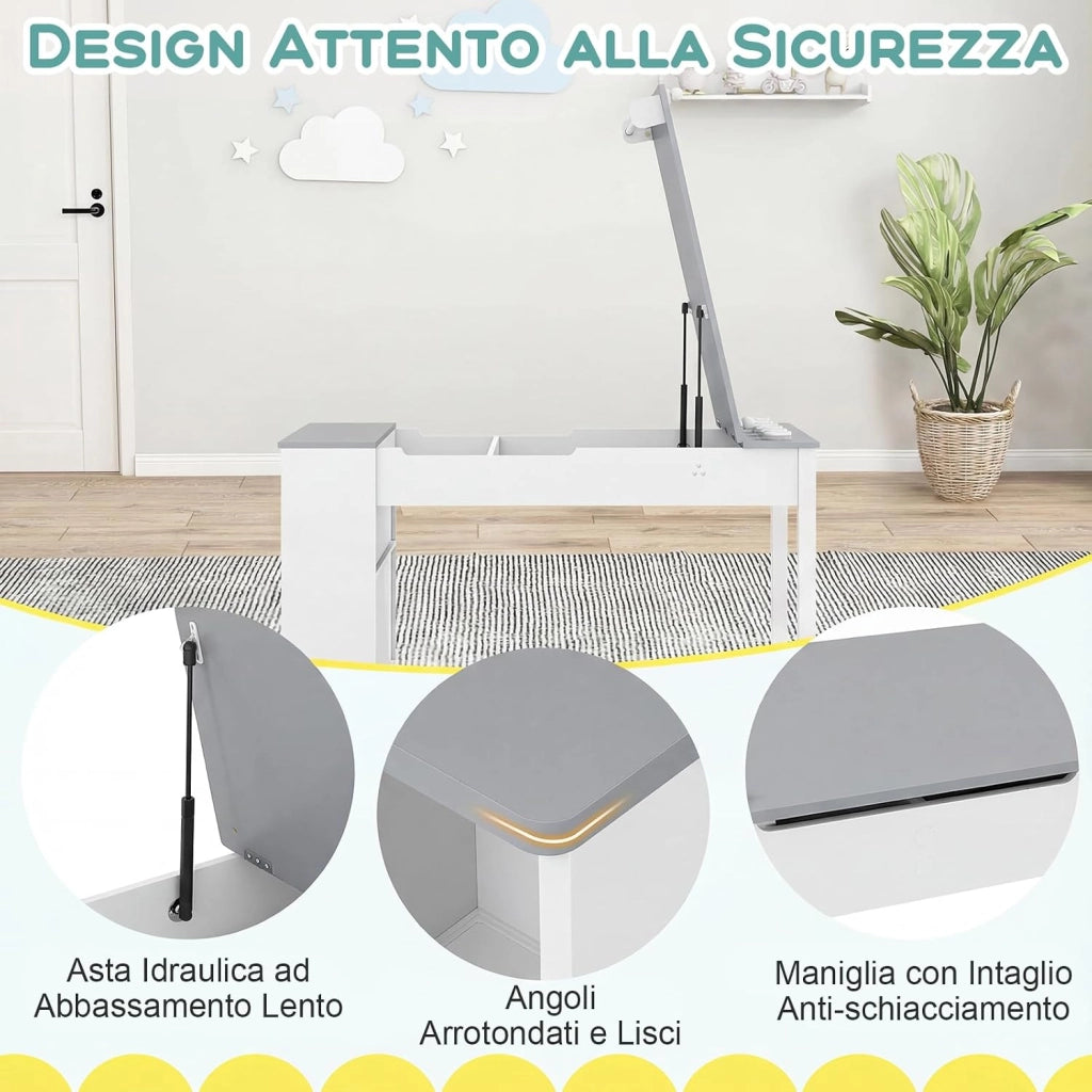 Set Tavolo da Disegno e Cavalletto per Bambini 3+ Anni con 2 Sedie, Tavolo Multifunzione in Legno con Piano Sollevabile, Rotolo di Carta, 6 Bicchieri di Vernice (Grigio)