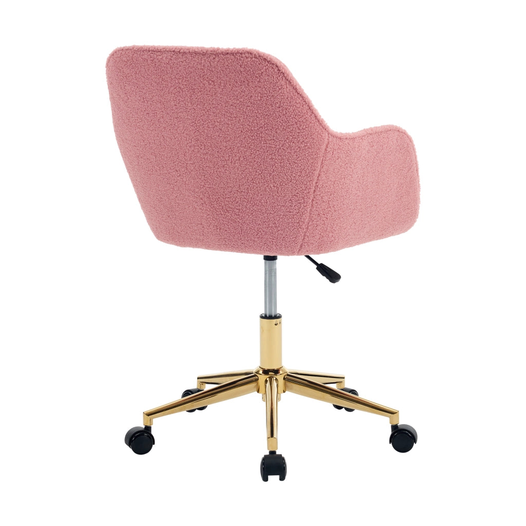 Sedia girevole da ufficio in tessuto Teddy rosa, altezza regolabile, base dorata, rotazione 360°