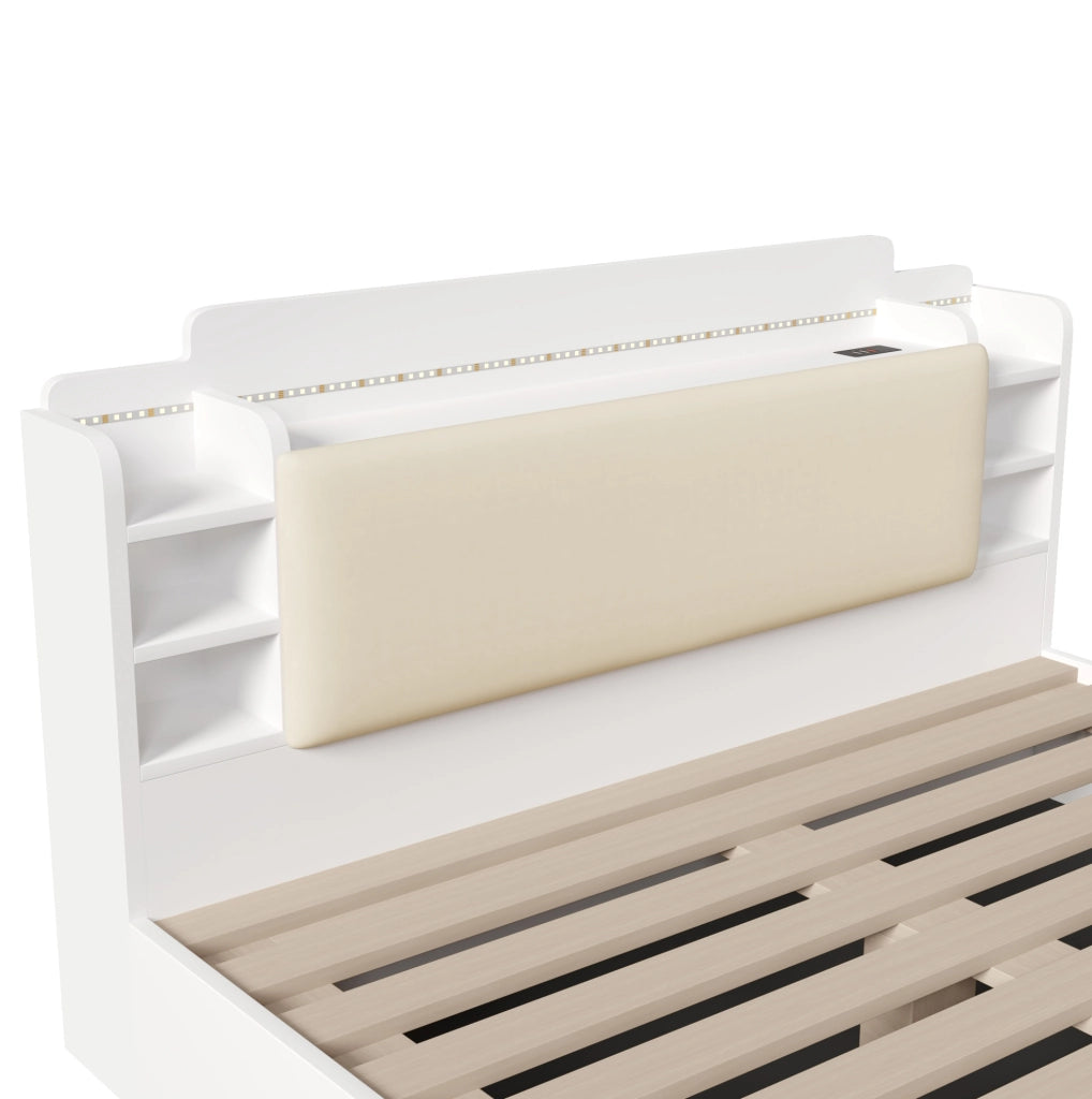 Letto 140x200 cm con contenitore; LED e USB in truciolare bianco
