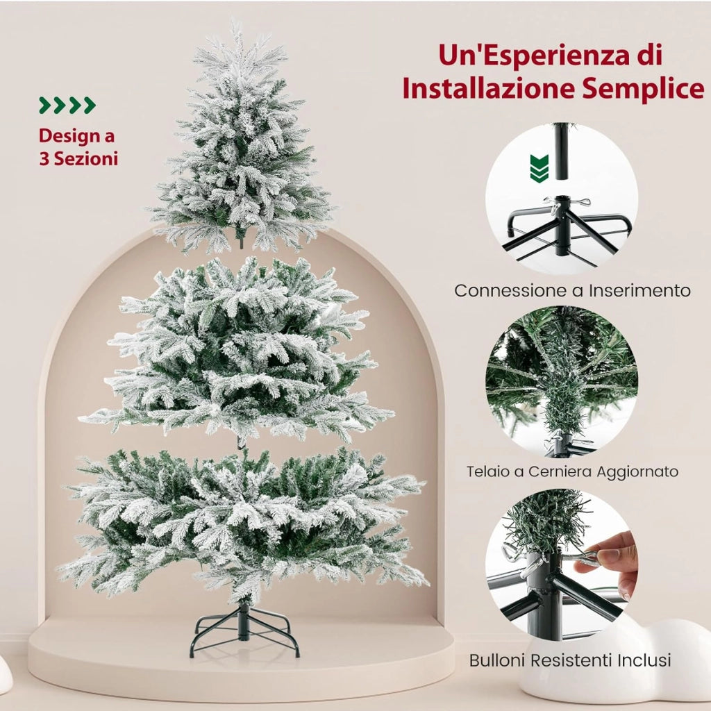 Albero di Natale Innevato 135/180/215 cm, Albero di Natale Pre-Illuminato con 200/350/450 Luci LED Bianche Calde, 688/1022/1328 Punte di Rami PE PVC, per Casa, Negozio e Ufficio (180 CM)
