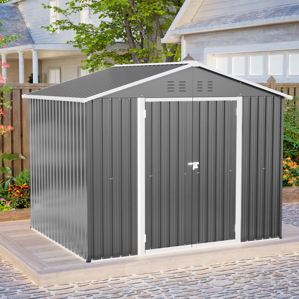 Casetta da giardino in metallo con porta a ribalta e prese d’aria, grigio, 229,4 × 180 × 192,3 cm
