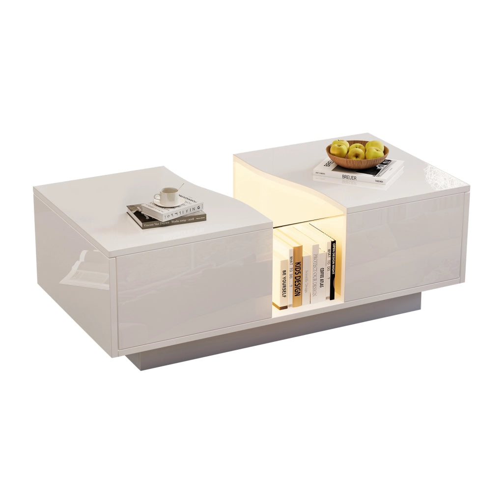 TAVOLINO da caffè LED 100x50x35 cm Bianco lucido in MDF con 2 cassetti