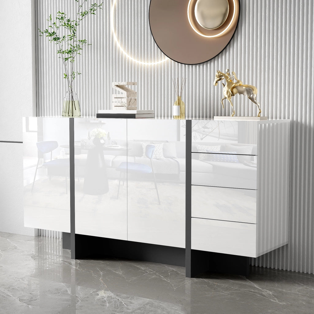 Credenza moderna lucida bianca e nera con 2 ante e 4 cassetti, ampio spazio contenitore, 150 × 40 × 80,5 cm