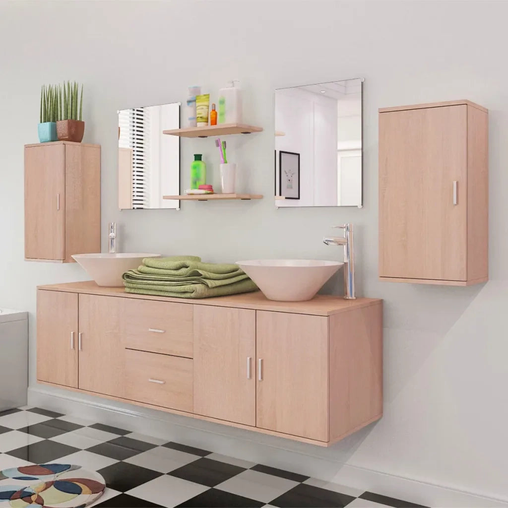 Set Mobili da Bagno 11 pz con Lavabo e Rubinetto Beige 273688