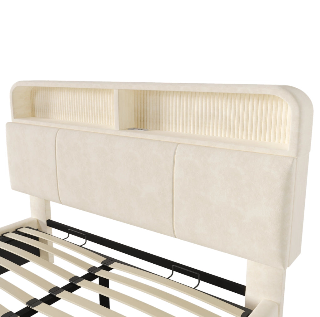 Letto matrimoniale ULEVR 140x190 cm con contenitore idraulico, LED, USB e Type-C, velluto beige