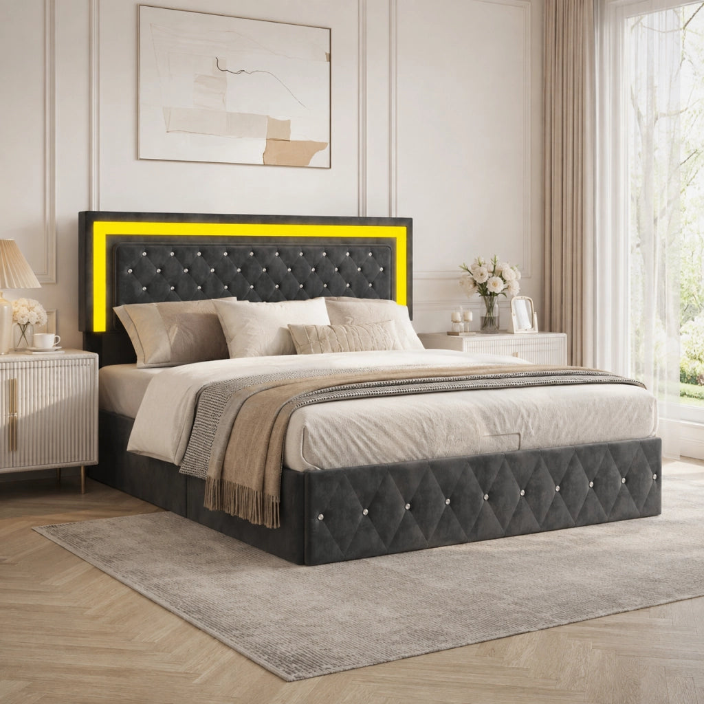 Letto con vano contenitore idraulico 160x200cm, rivestimento velluto nero, testiera trapuntata LED RGB controllabile da telecomando