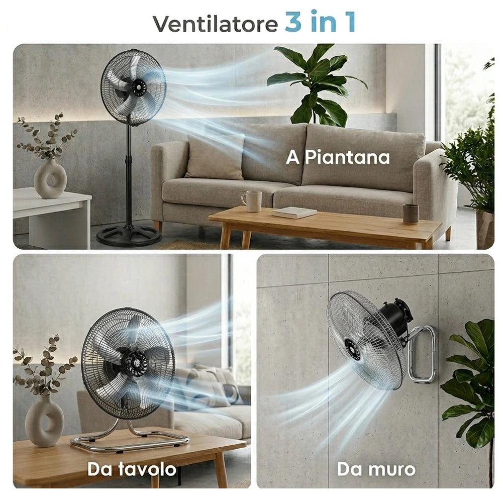 Ventilatore Manila 3in1 con Pale in Acciaio Testa Oscillante 3 Velocità 45x125cm